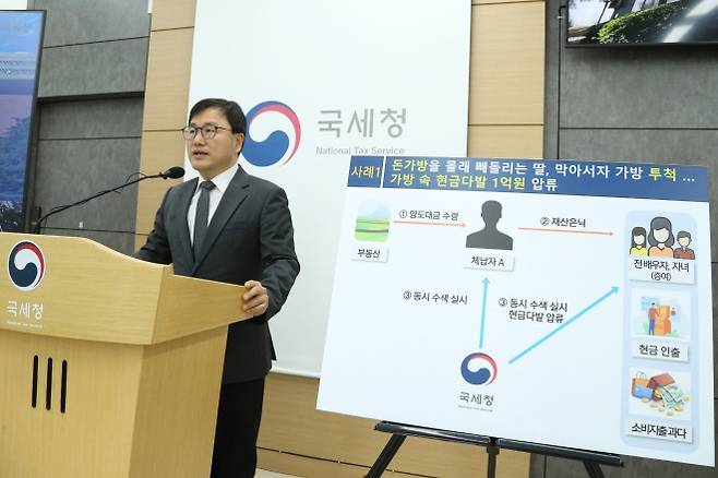 국세청, 고액 체납자 현장 수색 결과 브리핑     (서울=연합뉴스) 박해영 국세청 징세법무국장이 26일 정부세종청사 국세청 기자실에서 고액 체납자 현장 수색 결과에 대해 브리핑하고 있다. 2026.2.26 [국세청 제공. 재판매 및 DB 금지]     photo@yna.co.kr