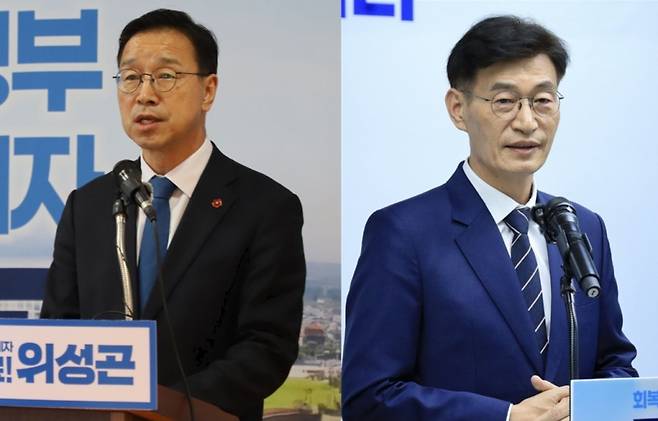 위성곤, 문대림 국회의원(기호 순)이 11일 선거사무소에서 기자회견을 열고 결선을 대비한 다짐을 발표하고 있다.