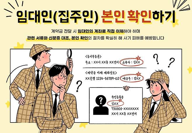 부동산 계약 과정에서 임대인 신원과 계좌 정보를 확인하는 중요성을 설명한 이미지. 등기부등본과 신분증 대조 등 ‘집주인 본인 확인’ 절차가 월세 사기 예방의 핵심이라는 점을 시각적으로 표현했다. 게티이미지뱅크