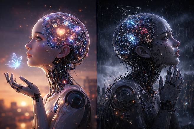특정 감정에 대응하는 인공지능(AI) 신경 패턴이 활성화되면 AI의 ‘행동’이 달라진다는 연구 결과가 나왔다. 사진은 각각 기쁨과 절망 패턴이 활성화된 AI를 형상화한 챗GPT 생성 이미지.