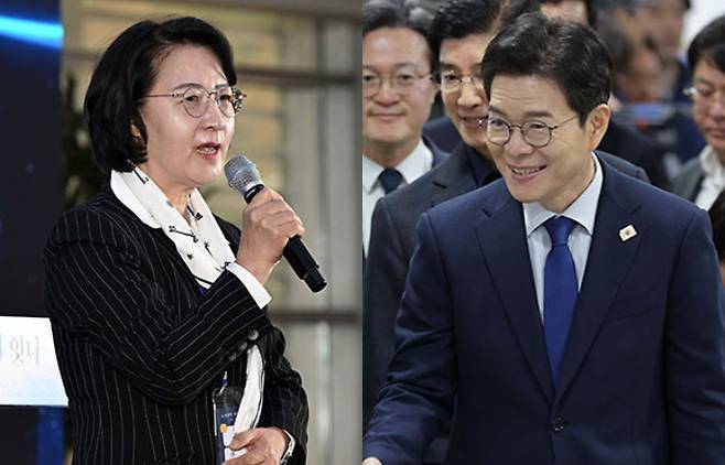 더불어민주당 추미애 경기도지사후보(왼쪽)와 정원오 서울시장 후보. 연합뉴스