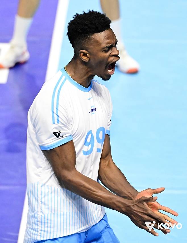 득점 후 기뻐하는 대한항공의 마쏘 [한국배구연맹 제공. 재판매 및 DB 금지]