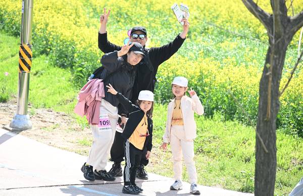 창녕군과 (사)창녕낙동강유채축제위원회, 경남도민일보가 함께한 제9회 창녕 유채꽃 라디엔티어링 행사가 창녕군 남지읍 낙동강변 유채단지에서 열렸다.걷기대회 참가자들이 노란 꽃물결을 따라 걷고 있다./김구연 기자