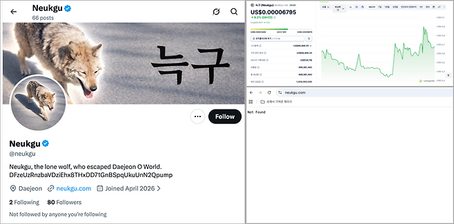 X에 만들어진 'Neukgu' 계정(왼쪽)과 늑구 밈코인, 늑구닷컴. /사진=관련 화면 캡처