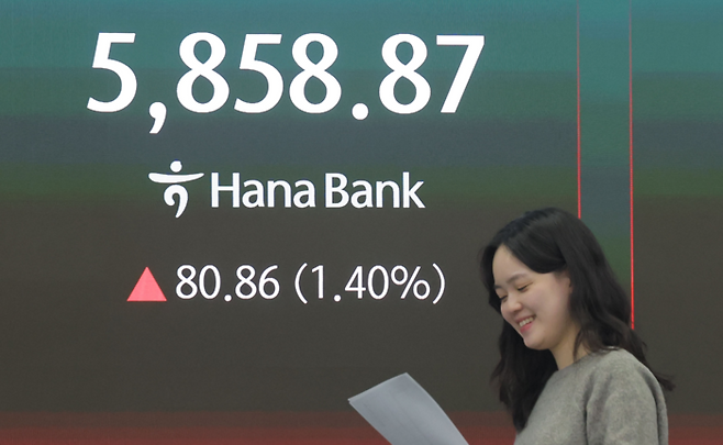 코스피가 전장보다 80.86p(1.40%) 오른 5,858.87으로 마감한 10일 오후 서울 중구 하나은행 딜링룸에서 딜러들이 업무를 보고 있다. 이날 원/달러 환율은 오후3시30분 기준 전날과 같은 1,482.5원을 기록했고, 코스닥은 17.63p(1.64%) 오른 1,093.63로 마감했다. [연합뉴스]