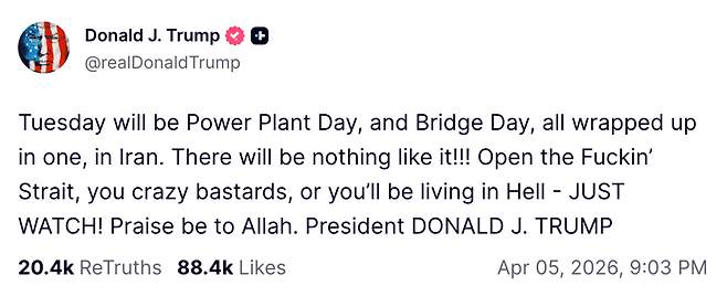 부활절 아침 트럼프의 메시지. 빌어먹을, 개XX 같은 단어가 아무렇지 않게 나왔다. 트루스소셜 갈무리.