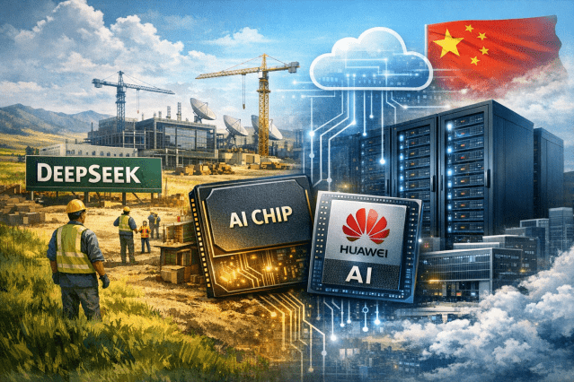 중국 인공지능(AI) 산업이 단순한 알고리즘 경쟁을 넘어 자체 데이터센터 구축과 국산 AI 칩 최적화 경쟁으로 빠르게 재편되고 있다. (제작=챗GPT)