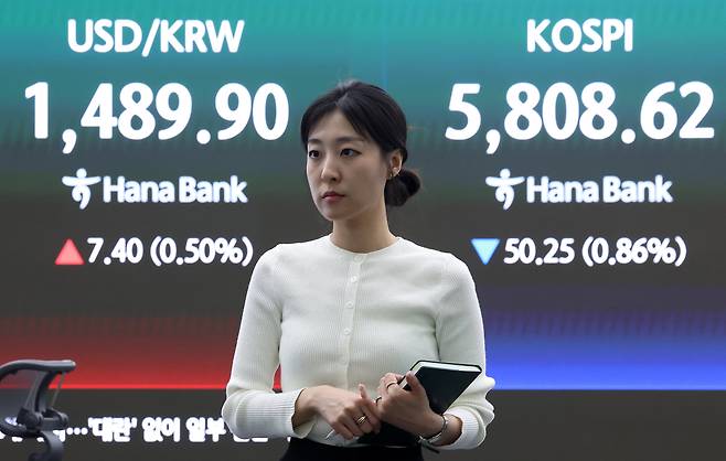 13일 서울 중구 하나은행 본점 딜링룸에 종가가 나오고 있다. /뉴스1