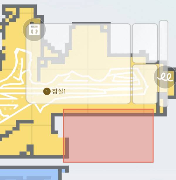 로보락 신제품 앱으로 청소를 진행한 집안을 매핑(지도로 만듦)했다. 붉은 색은 진입금지구역으로 설정한 부분이고 침대 아래쪽을 청소했다고 나온다. 정옥재 기자