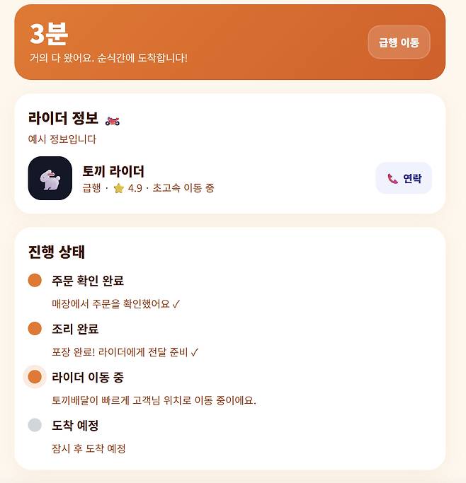 가짜 배달앱 사이트 '음식만안와요'에서 음식 배달을 주문하자 '토끼 라이더'가 배정됐다. 사이트에서는 가짜 배달 진행 상태를 실시간으로 확인할 수 있다./사진=가짜 배달앱 사이트 '음식만안와요' 화면 캡처.