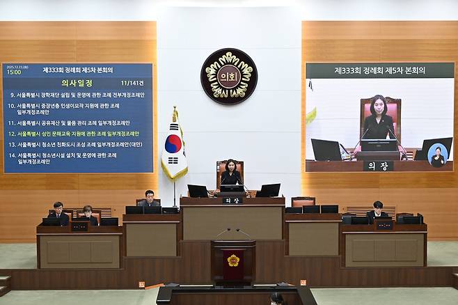 최호정 서울시의회 의장이 제333회 본회의를 진행하고 있다. 사진제공=서울시의회