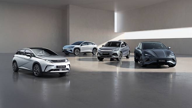 BYD코리아 차량 라인업. (왼쪽부터) 돌핀, 씨라이언7, 아토3, 씰(사진=BYD코리아)