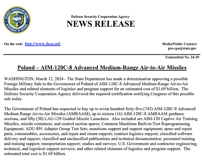 ▲ 미&nbsp;국무부는 지난 2024년 폴란드 정부에 AIM-120C-8 첨단 중거리 공대공 미사일과 관련 물류 및 프로그램 지원 요소를 16억 9000만 달러의 추정 비용으로 해외 군사 판매를 승인했다. (사진=미 국방안보협력국(DSCA))