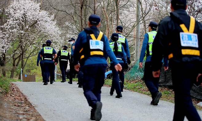 14일 오전 경찰이 대전 중구 무수동 일대에서 오월드 탈출 늑대 '늑구' 수색을 위해 이동하고 있다. 김영태 기자