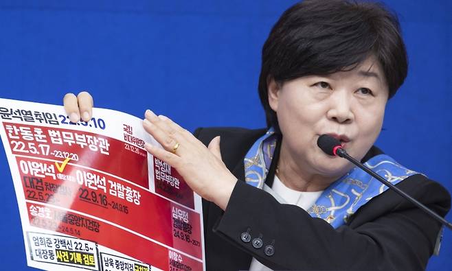 ▲ 민주당 조작기소 국조특위 중간 보고회 발언하는 서영교 위원장 [연합뉴스]