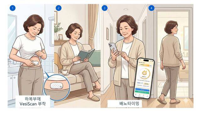 아랫배에 부착한 센서를 통해 방광의 소변량을 측정하고, 스마트폰이나 기기로 적절한 배뇨 시기를 알려주는 웨어러블 기기를 활용하는 모습. 건국대병원 제공