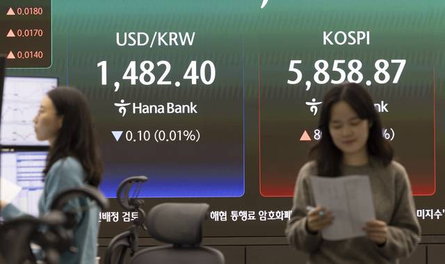 지난 10일 오후 서울 중구 하나은행 본점 딜링룸 모니터에 지수가 나오고 있다. 뉴시스