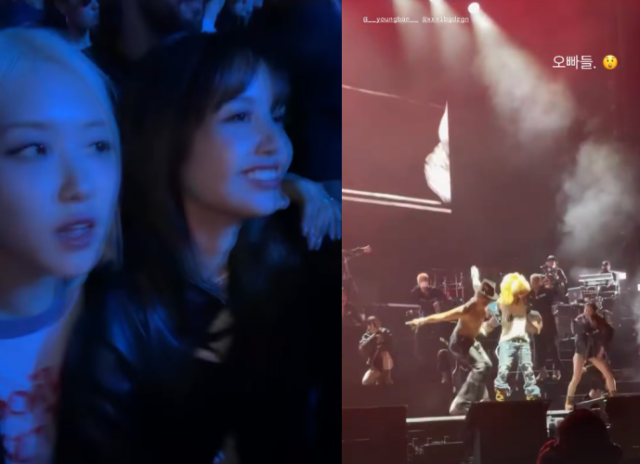그룹 블랙핑크 멤버 로제와 리사(왼쪽)가 코첼라 무대를 직접 관람하는 모습 / 로제 소셜미디어