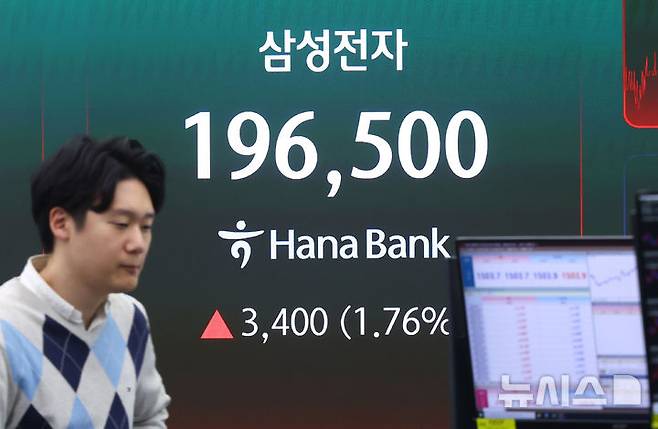 [서울=뉴시스] 황준선 기자 = 삼성전자가 올해 1분기(1~3월) 매출 133조 원, 영업이익이 57조2000억 원으로 지난해 동기보다 755% 증가했다고 공시한 7일 서울 중구 하나은행 딜링룸 전광판에 삼성전자 종가가 표시돼 있다. 2026.04.07. hwang@newsis.com