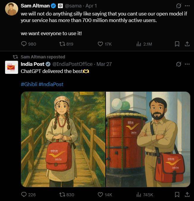 [서울=뉴시스] 인도 우체국(인디아 포스트)가 챗GPT로 제작한 지브리 스타일의 인도 우체부 모습. 샘 올트먼 오픈AI 최고경영자(CEO)가 재게시했다. (사진=샘 올트먼 오픈AI CEO 엑스 캡처) *재판매 및 DB 금지