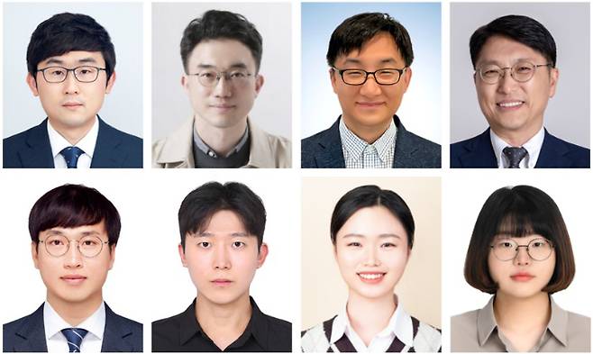 한국재료연구원 양주찬 책임연구원, 울산과학기술원 장지욱 교수, 이호식 교수, 임한권 교수, 한국재료연구원 윤기용 박사, 울산과학기술원 황선우 석박통합과정생, 한국재료연구원 노희윤 석사후연구원, 울산과학기술원 구지원 석박통합과정생(사진 왼쪽 위부터). 재료연구원 제공