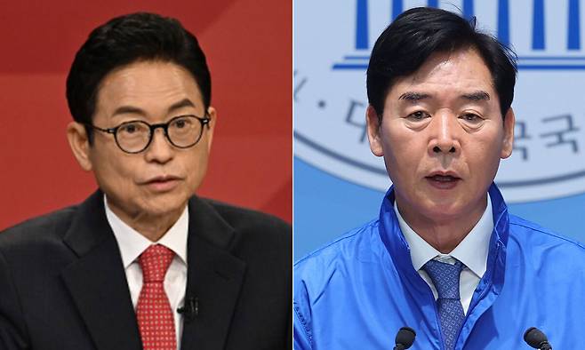 지난 3월31일 오후 대구 수성구 TBC에서 열린 국민의힘 경북도지사 경선 1차 비전토론회에서 이철우 후보가 발언하고 있다. 오른쪽 사진은&nbsp;오중기 더불어민주당 경북도지사 후보가 지난 6일 서울 여의도 국회 소통관에서 출마 기자회견을 하고 있는 모습. 사진=연합뉴스·뉴스1