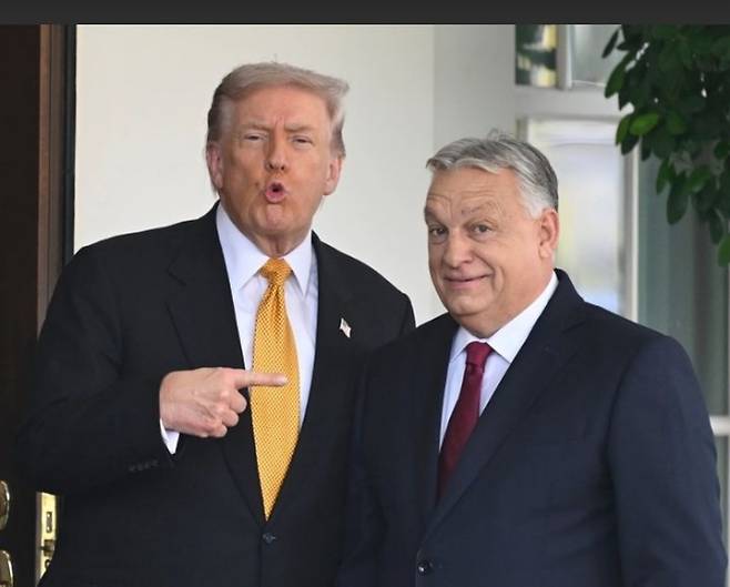 도널드 트럼프 미국 대통령(왼쪽)이 2025년 11월 7일 워싱턴 백악관에서 빅토르 오르반 헝가리 총리와 함께 하고 있다. 2026.04.13. AP 뉴시스