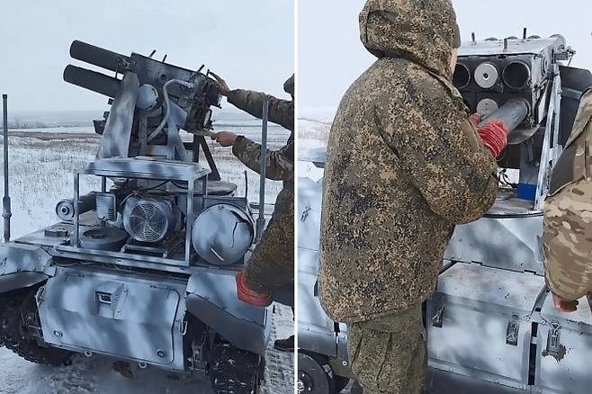 무인지상차량(UGV) 위에 장착된 북한제 75식 다연장 로켓시스템(MLRS). 영상 캡처