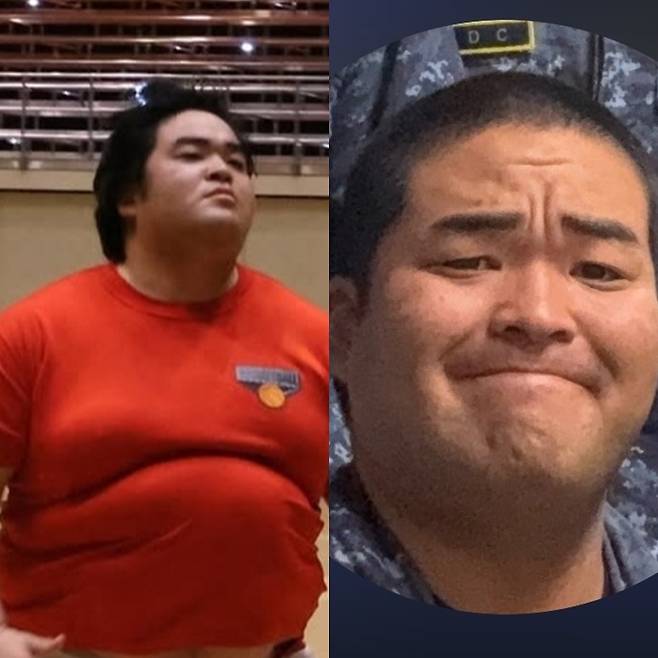 신인선수 테스트에 나선 우자 주온(왼쪽)과 그의 군인 시절 모습(오른쪽). /사진=일본스모협회 갈무리, 우자 주온 개인사회관계망서비스(SNS)