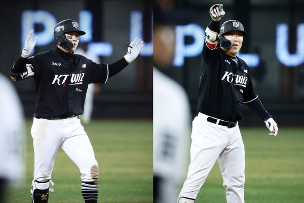 지난 겨울 FA를 통해 kt wiz에 합류한 최원준(왼쪽)과 김현수는 1일 테이블세터로 출장해 6안타·9타점을 합작하며 몸값을 증명했다. 2026.4.1 /kt wiz 제공