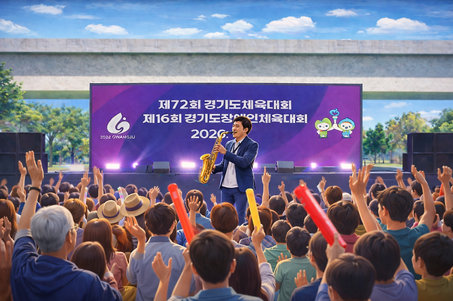 제72회 경기도체육대회와 제16회 경기도장애인체육대회 야외상설무대서 지역 예술인이 시민 앞에서 색소폰 연주를 하고 있는 모습을 AI로 생성한 이미지. 사진=ChatGPT 생성