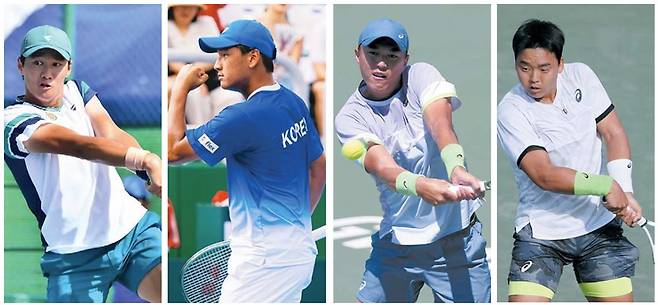 ‘월드투어 등용문’인 2026 광주오픈 국제남자 챌린저테니스대회가 오는 19일부터 8일간 빛고을 코트를 달군다. 이번 대회에는 한국 테니스를 대표하는 간판 스타들이 대거 출전해 수준 높은 경기를 선보일 예정이다. 왼쪽부터 권순우, 박의성, 남지성, 정윤성 <광주시테니스협회 제공>