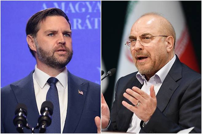 J.D. 밴스(왼쪽) 미국 부통령과 모하마드 바게르 갈리바프 이란 의회 의장.(로이터·신화연합뉴스)