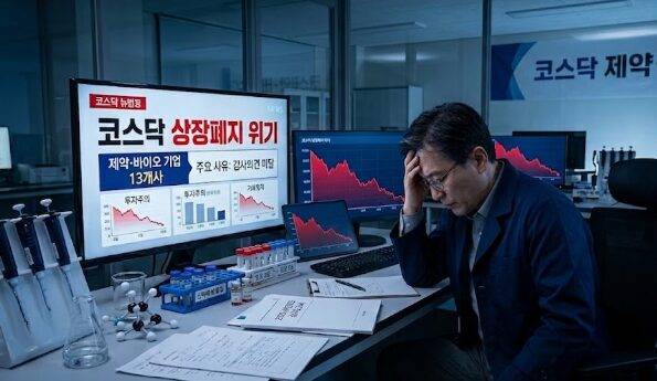 한국거래소가 4월 9일 내놓은 '2025 사업연도 12월 결산법인 사업보고서'에서 언급한 상장폐지 사유 발생 코스닥 기업 42곳 중 13곳이 제약바이오 기업으로 분석됐다. 사진=제미나이