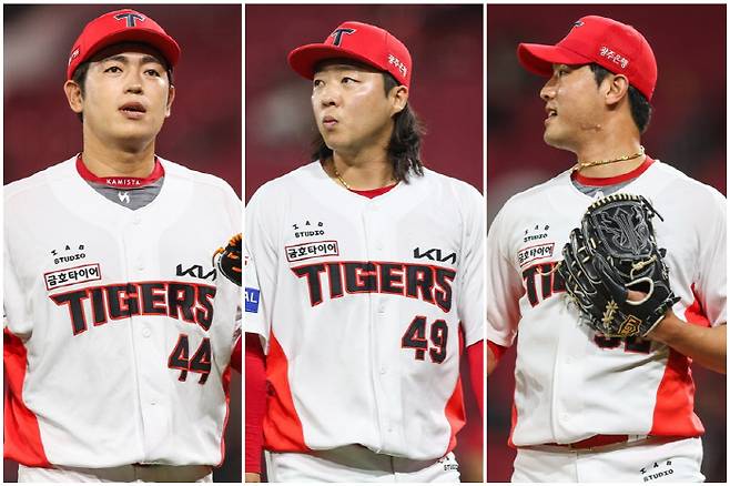 왼쪽부터 KIA 타이거즈 불펜 이적생 이태양, 김범수, 홍건희. 사진제공=KIA 타이거즈