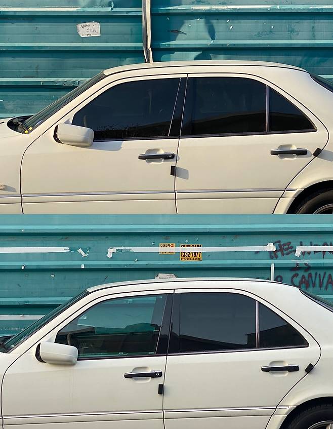 박찬용씨가 중고로 구입한 차량의 짙은 틴팅 필름을 걷어내고(위), 훨씬 밝아 내부가 보이는 틴팅 필름을 새로 부착한 모습(아래). /박찬용 제공