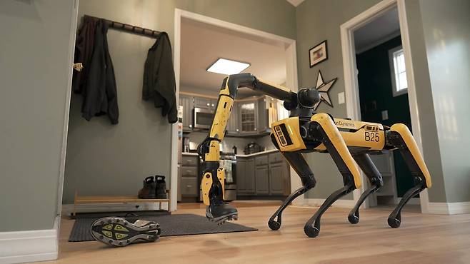현대자동차그룹 로봇전문기업 보스턴다이내믹스의 사족보행로봇 ‘스폿’이 벽에 써진 지시대로 신발을 신발장에 정리하기 위해 땅에 아무렇게나 놓인 신발을 집어 들고 있다. 보스턴다이내믹스 유튜브 캡처