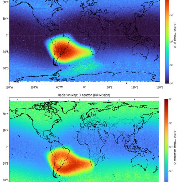 레오도스가 임무 기간 관측한 전 지구 우주방사선(하전입자와  중성자) 전천 지도. 적색에 가까울수록 누적 방사선량이 높다. 누적 하전입자 전천 지도(위). 누적 중성자 전천 지도(아래). [사진=우주청]