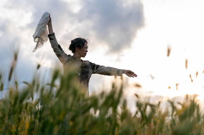 영화 ‘내 이름은’에서 주인공 정순(염혜란)이 제주도 청보리밭에서 살풀이 춤을 추는 장면. 영화는 충격적 사건으로 어릴 때 기억을 잃어버린 정순이 자신의 진짜 이름을 찾는 과정을 통해 현대사의 비극인 4·3 사건의 실체를 조명한다. [사진 아우라픽처스]