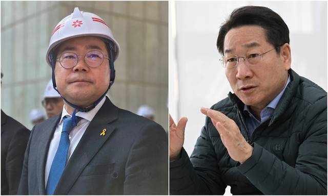 더불어민주당 인천시장 후보 박찬대 국회의원(연수갑)과 국민의힘 소속 유정복 인천시장. 경기일보 DB