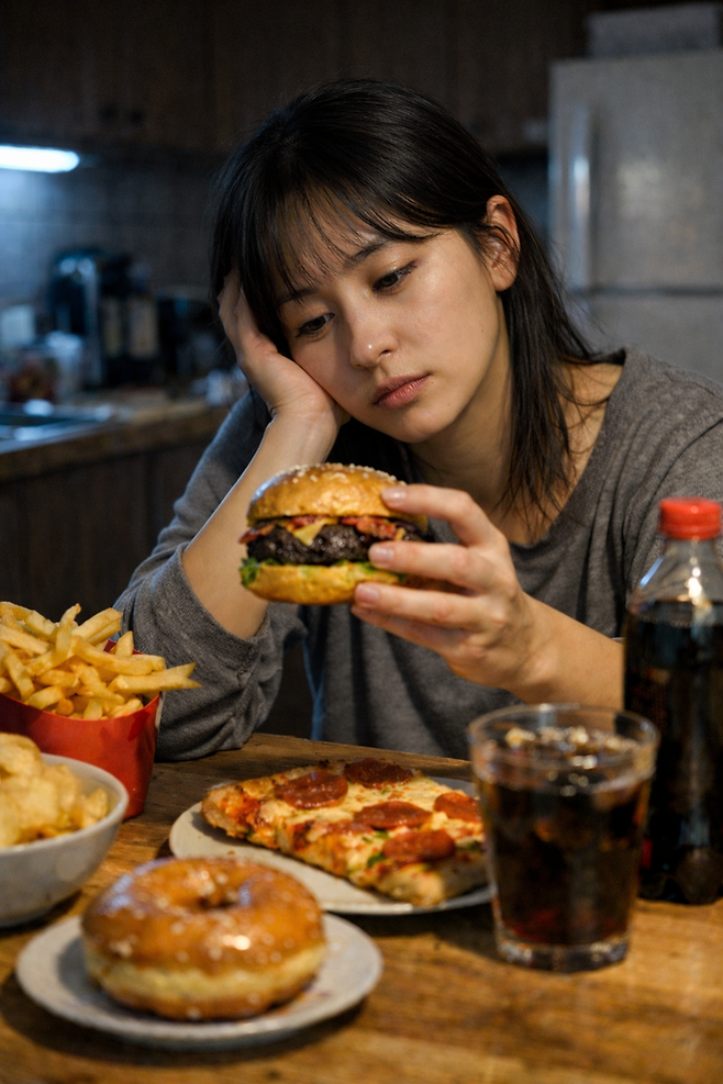 밤 늦게 야식을 먹는 여성의 모습을 AI로 생성한 이미지. [챗GPT]