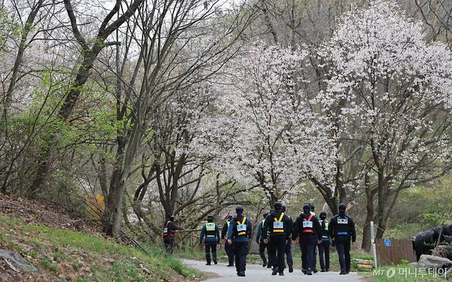 대전 오월드를 탈출한 늑대 '늑구'가 지난 14일 대전 중구 무수동 오도산 일대에서 발견됐으나 포위망을 뚫고 달아나 경찰이 포획을 하기 위해 이동하고 있다./사진=뉴스1