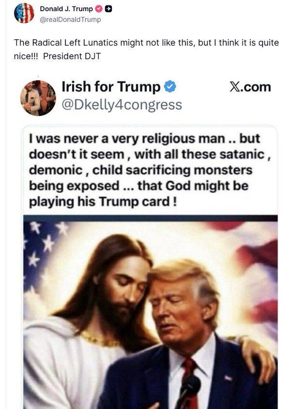 [워싱턴=뉴시스]자신을 예수로 묘사한 인공지능(AI) 생성 이미지를 게재했다가 지탄을 받고 삭제한 도널드 트럼프 대통령이 15일(현지 시간)에는 예수와 머리를 맞대고 있는 합성 사진을 공유했다. (사진=트럼프 대통령 트루스소셜 캡처). 2026.04.15. *재판매 및 DB 금지