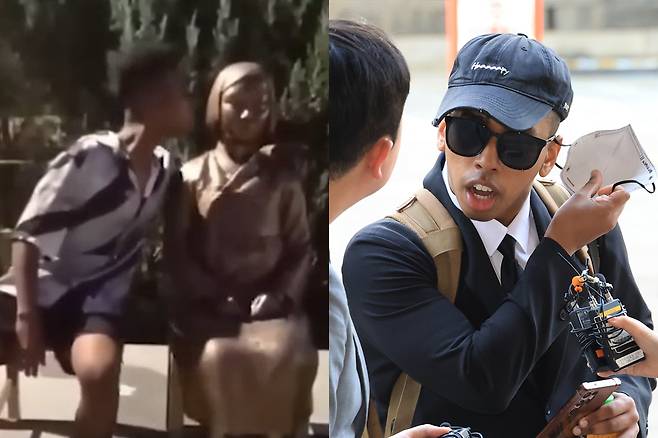 미국인 유튜버 조니 소말리가 평화의 소녀상에 입맞춤하는 모습. 오른쪽은 소말리가 15일 서울 서부지법에서 열리는 1심 선고에 출석하며 취재진 질문에 답하기 위해 마스크를 벗고 있다. 사회관계망서비스(SNS)&nbsp;캡처·연합뉴스