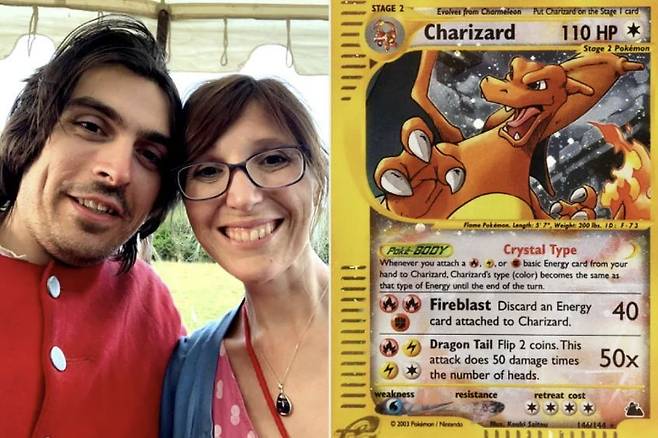 앤드루 브라운드와 약혼녀(왼쪽). 오른쪽은 브라운드가 다락방에서 찾은 포켓몬 카드인 스카이리지 리자몽 홀로 카드. 피플 캡쳐