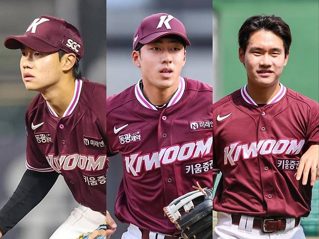 2026 KBO 신인드래프트서 입단한 내야수 박한결, 최재영, 김지석(왼쪽부터)을 활용해 내야진 공백을 채워야 한다. 사진제공｜키움 히어로즈