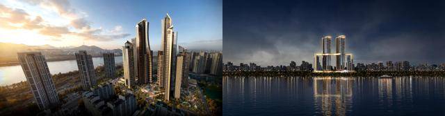 삼성물산 래미안 일루체라 조감도와 통합재건축 포스코이앤씨 투시도. [사진=각 사]