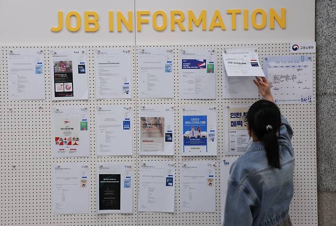 제조업·건설업 등 주력 산업 부진과 인공지능(AI) 확산에 따른 전문직·정보통신(IT) 분야 일자리 쇼크가 겹쳐 올해 1분기(1~3월) 청년 실업률이 5년 만에 가장 높았다. 특히 AI 확산에 따른 일자리 대체 효과가 큰 전문직·IT 분야 취업자는 올해 2월 기준 2014년 집계 이래 최소로 쪼그라들었다. 15일 서울 성북구 성신여대에서 한 학생이 채용 정보 게시판을 살펴보고 있다. / 고운호 기자