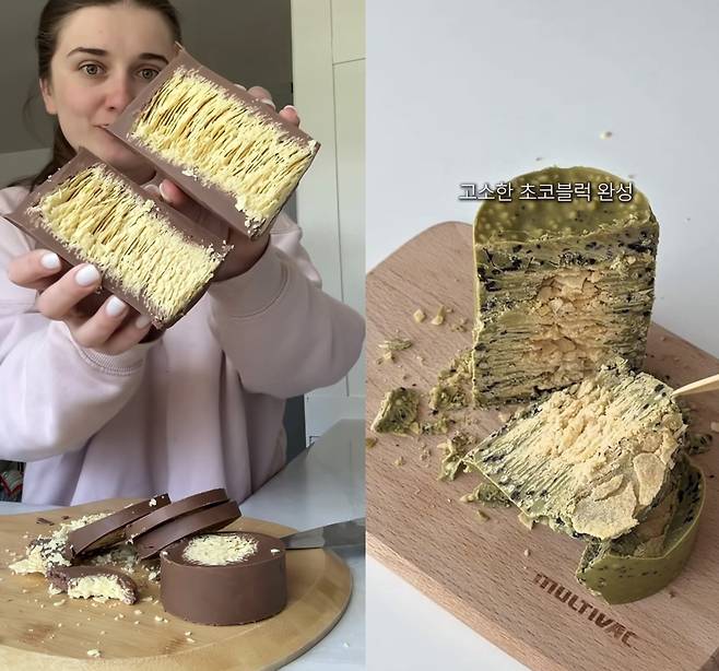 ‘두쫀쿠’와 ‘버터떡’을 이어 ‘프링글스 초코 블록’이라는 디저트가 최근 유행하고 있다.​/사진= 인스타그램 'morningee.e', 'irene.rice.cooks.' 캡쳐