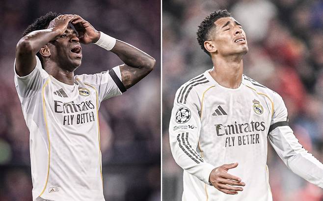 16일 독일 알리안츠 아레나에서 열린 뮌헨과의 2025~26 UCL 8강 2차전 중 아쉬움을 드러내는 레알 비니시우스(왼쪽)와 벨링엄. 사진=ESPN